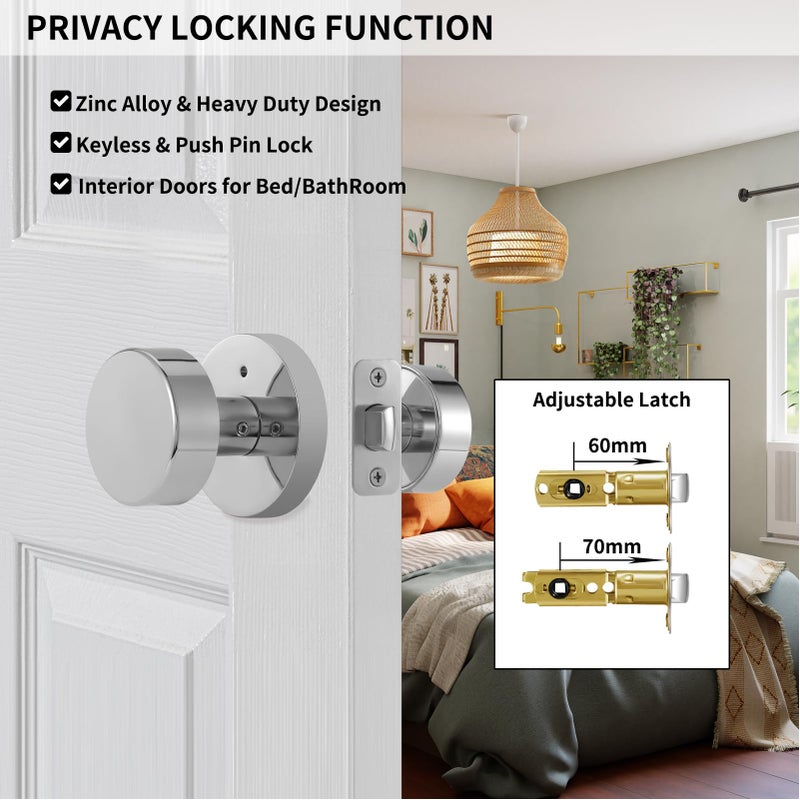 naubea Polished Chrome Door Knobs Interior, Polished Chrome Privacy Door Knob with Lock, Heavy Duty Round Modern Door Handle for Bedroom Bathroom - Image 3